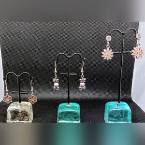 HANDMADE Purple Flowers & Silver Butterflies Beaded Dangle Earrings Matching Set